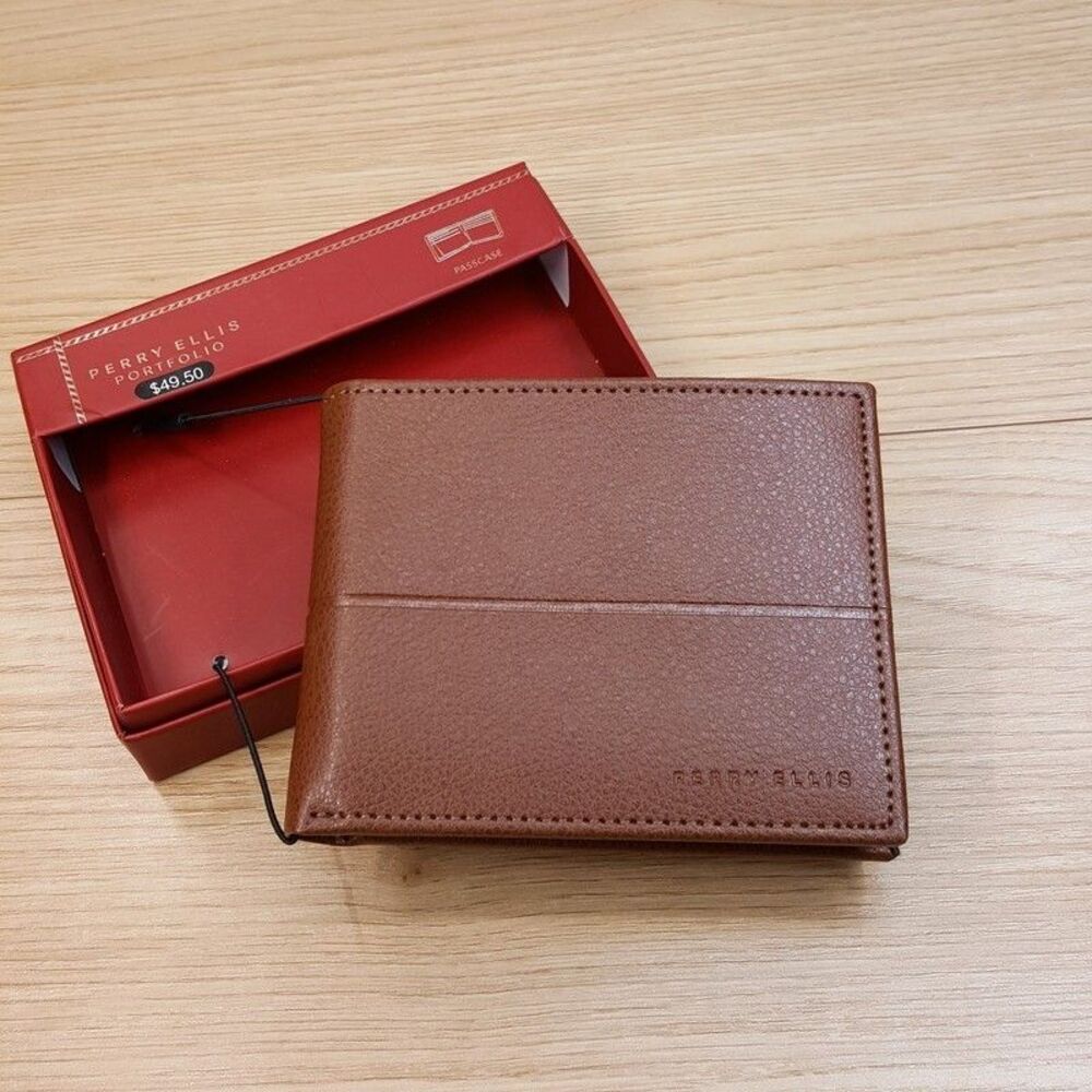 PERRY ELLIS Mens Wallet Brown Leather Bifold Passcase RFID